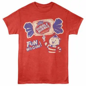 Vibrant red T-shirt featuring a nostalgic Dubble Bubble gum design and playful cartoon character for a fun, retro style.