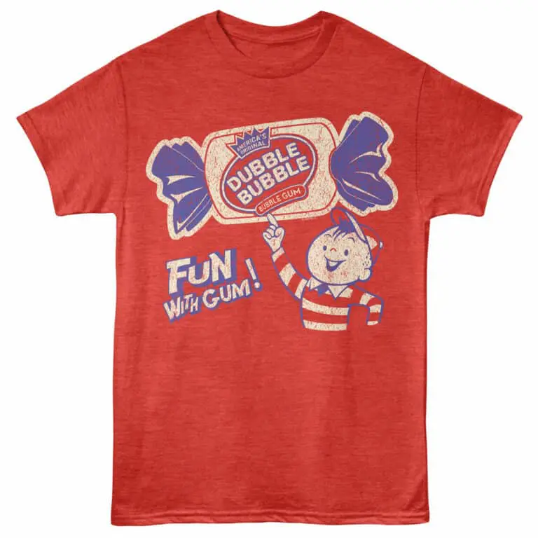 Vibrant red T-shirt featuring a nostalgic Dubble Bubble gum design and playful cartoon character for a fun, retro style.