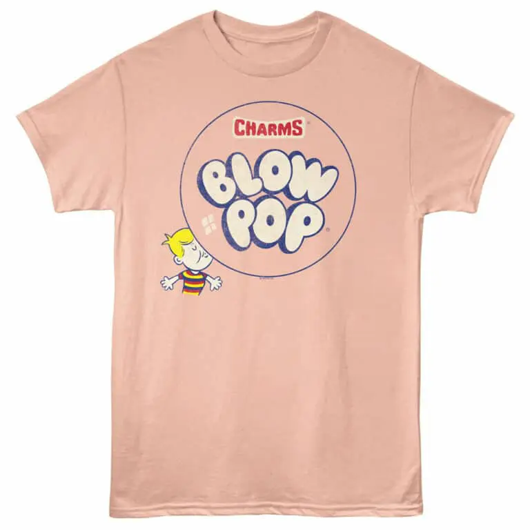 Colorful Blow Pop Charms graphic on soft pink t-shirt, fun candy-inspired design.