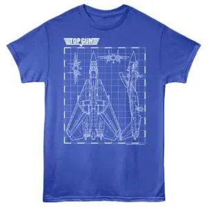 Blueprint-style military jet t-shirt with detailed aircraft outlines, perfect for aviation and military enthusiasts.