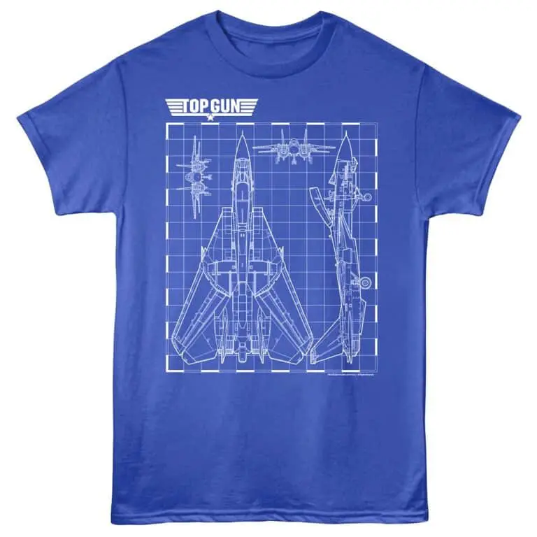 Blueprint-style military jet t-shirt with detailed aircraft outlines, perfect for aviation and military enthusiasts.