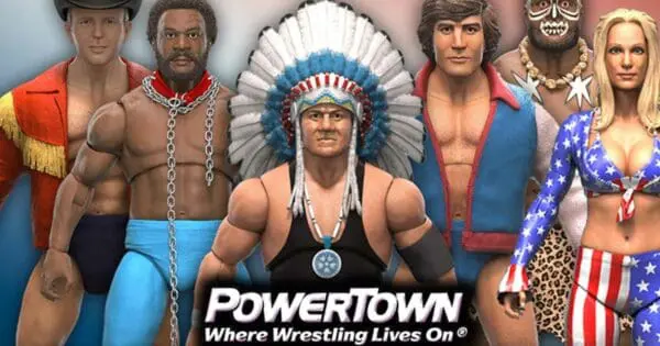 Vibrant wrestling figures wearing patriotic and cultural costumes, showcasing energy and diversity in the ring.