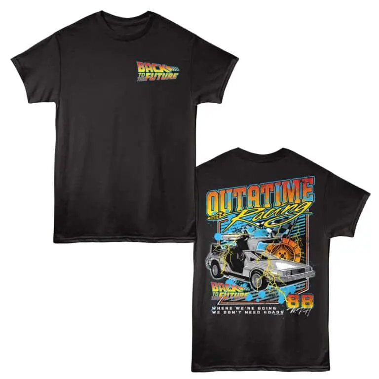 Vintage Back to Future Outatime racing graphic tee for fans of sci-fi and retro car racing.