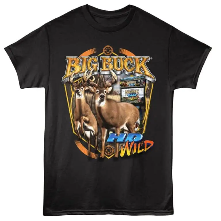 Deer graphic T-shirt with "Big Buck" and "Wild" text, ideal for hunting and wildlife lovers.