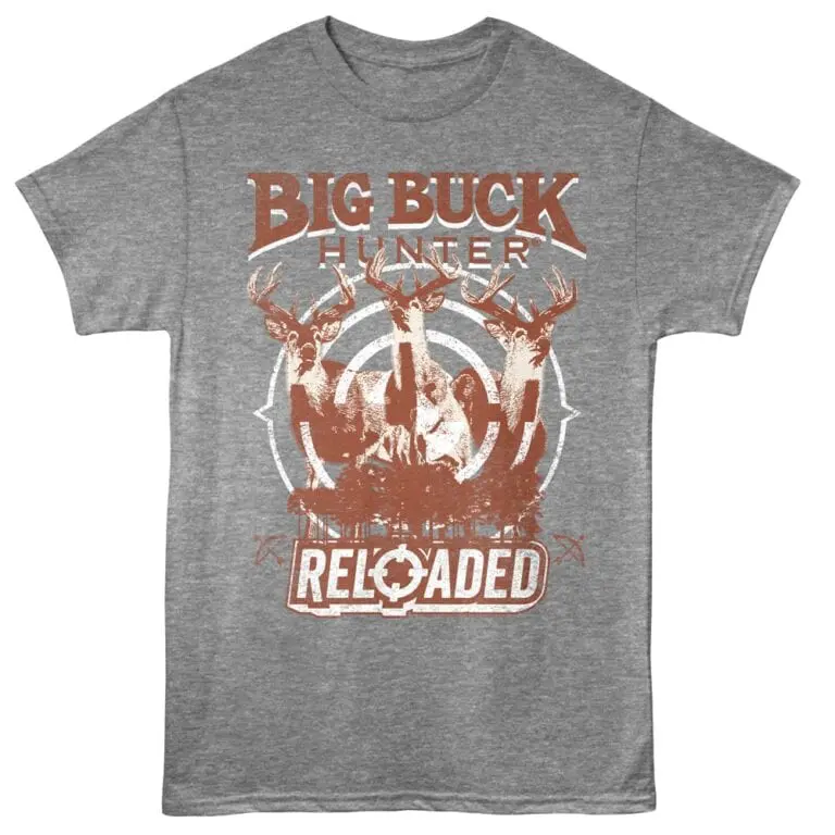 Gray graphic t-shirt with deer hunting design.