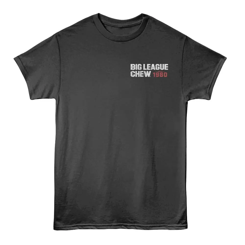 Black T-shirt with vintage Big League Chew 1980 logo, sports-inspired casual wear.