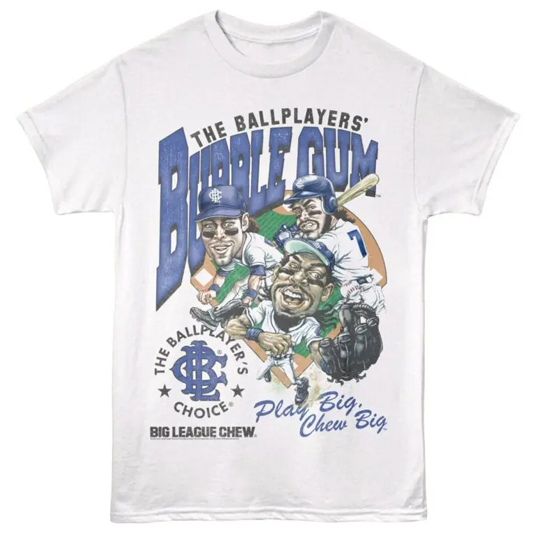 High-quality baseball-themed T-shirt featuring cartoon players and team logo. Perfect for sports fans and casual wear.