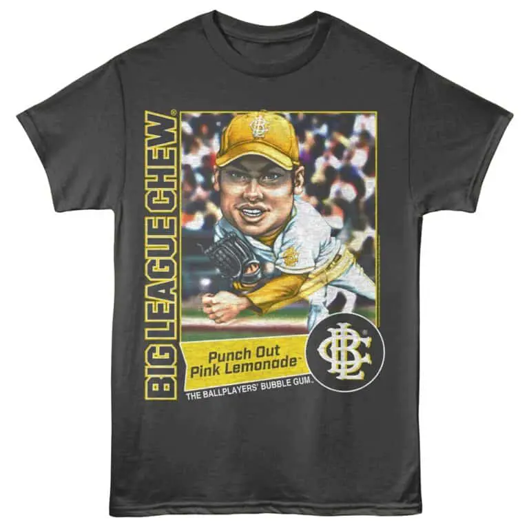Vivid Big League Chew graphic T-shirt featuring a baseball player caricature and logo, ideal for casual or sports-inspired wear.