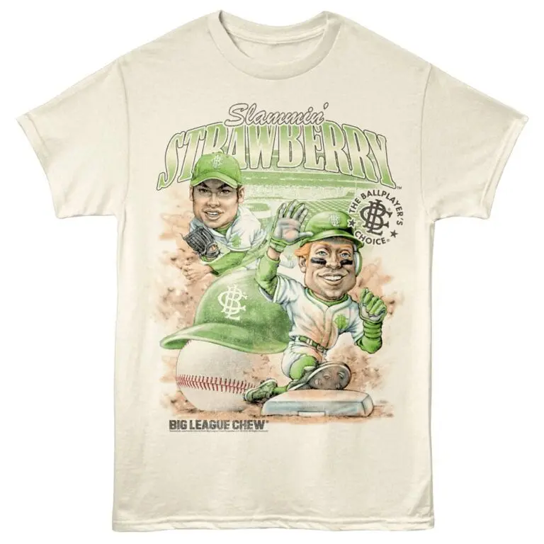 Vibrant baseball-themed graphic t-shirt with cartoon players celebrating. Perfect for sports fans and casual wear.