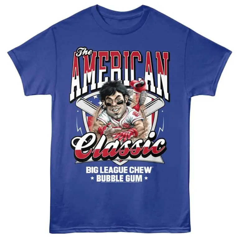A vibrant blue T-shirt featuring a humorous baseball player graphic, "The American Classic" text, and bubble gum theme.