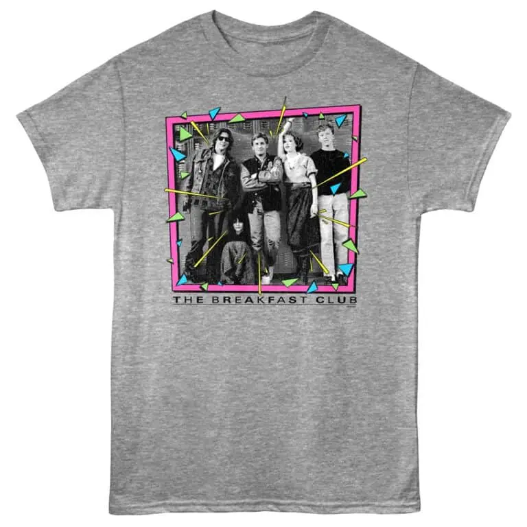 Graphic T-shirt with The Breakfast Club cast, retro design, perfect for 80s movie fans.