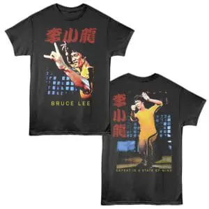 Bruce Lee inspired martial arts t-shirt featuring a dynamic image, empowering quote, and Asian calligraphy design.