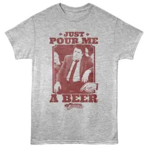 Vintage man with beer graphic, humorous slogan "Just Pour Me a Beer" on casual tee, perfect for beer lovers.