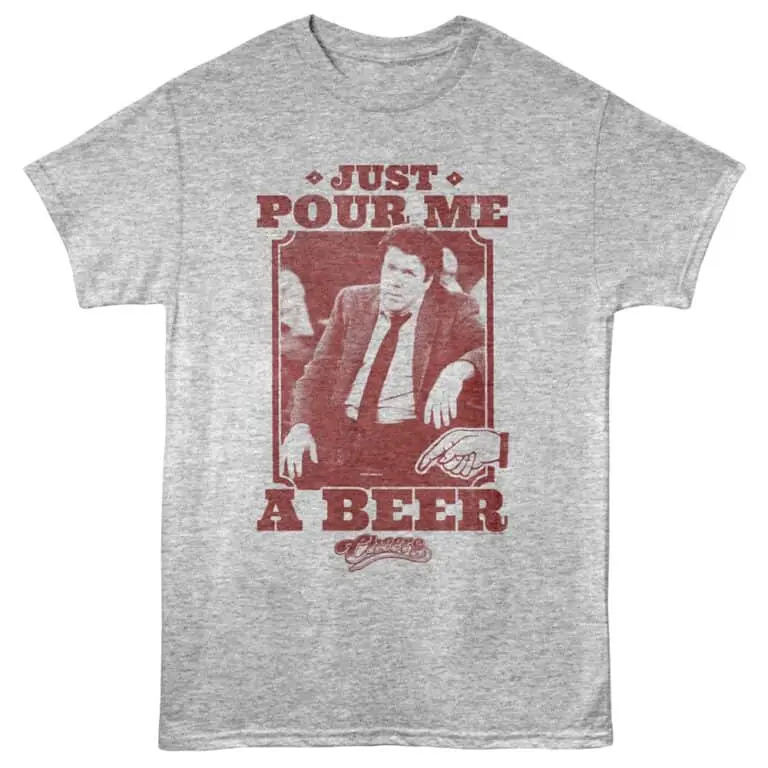 Vintage man with beer graphic, humorous slogan "Just Pour Me a Beer" on casual tee, perfect for beer lovers.