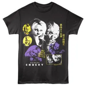 Dark graphic T-shirt featuring Chucky characters from the horror movie "Bride of Chucky" with Japanese writing and vibrant colors.