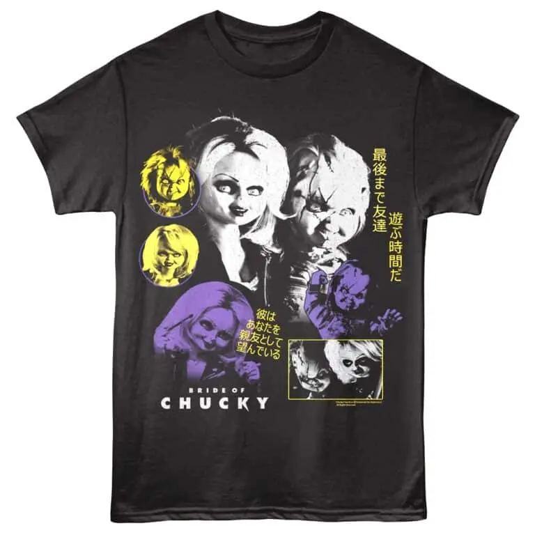 Dark graphic T-shirt featuring Chucky characters from the horror movie "Bride of Chucky" with Japanese writing and vibrant colors.