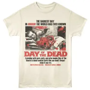 Horror horror movie T-shirt featuring bloody zombie graphic, ideal for horror film enthusiasts.