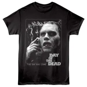 Zombie horror movie graphic tee with creepy undead character and "Day of the Dead" slogan.