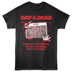 Black T-shirt with Day of the Dead-themed graphic and spooky zombie hand design.