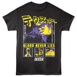 Japanese text graphic t-shirt with Dexter TV show theme, bold colors, and pop art-inspired illustrations.