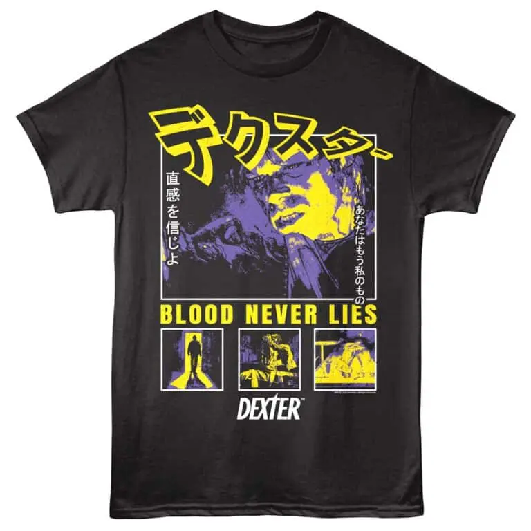 Japanese text graphic t-shirt with Dexter TV show theme, bold colors, and pop art-inspired illustrations.