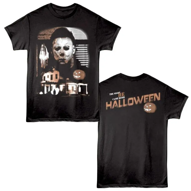 Black Halloween t-shirt featuring a spooky mask, pumpkin graphic, and ghostly text design.