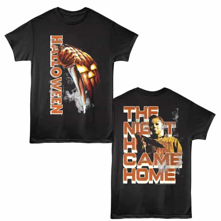 Men's Halloween graphic t-shirt featuring horror movie themes with creepy artwork.