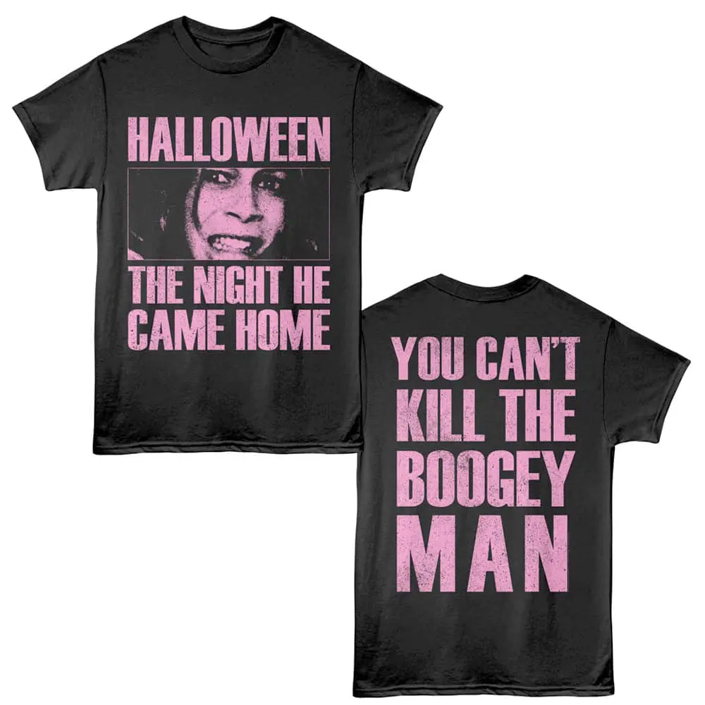 Spooky Halloween t-shirt with a creepy face and bold pink text for horror fans and costumes.