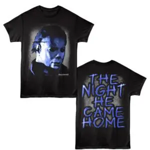 Dark black t-shirt featuring Michael Myers face with eerie glow, perfect for horror fans and costumes.