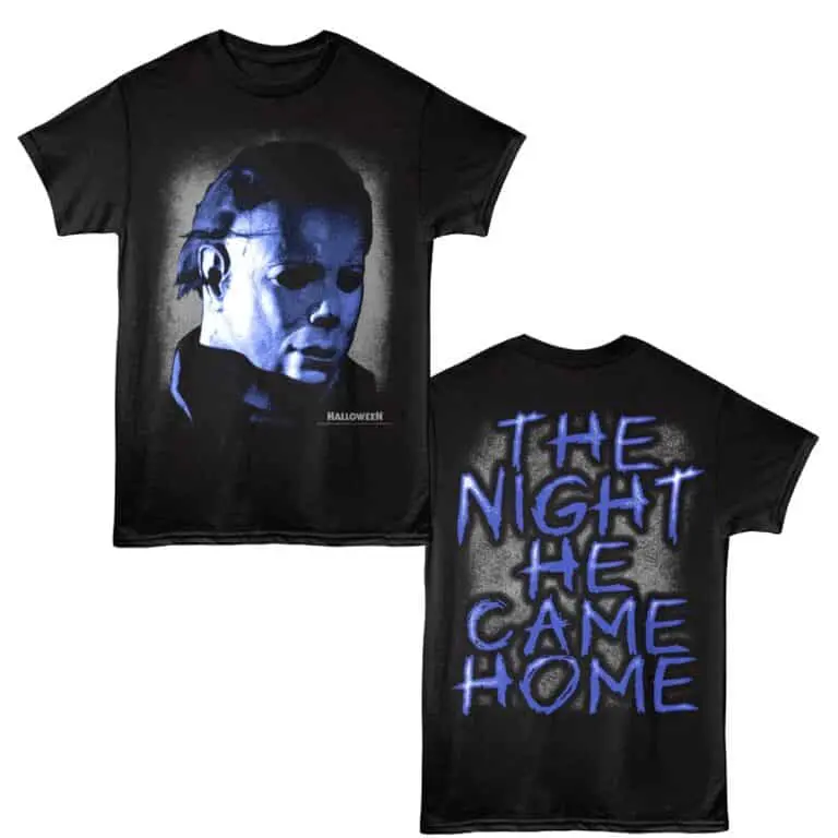 Dark black t-shirt featuring Michael Myers face with eerie glow, perfect for horror fans and costumes.