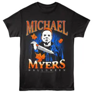 Halloween Michael Myers shirt, horror-themed graphic tee for fans of scary movies.