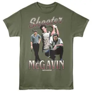 Cartoon-style Shooter McGavin graphic t-shirt featuring iconic character from Happy Gilmore film.