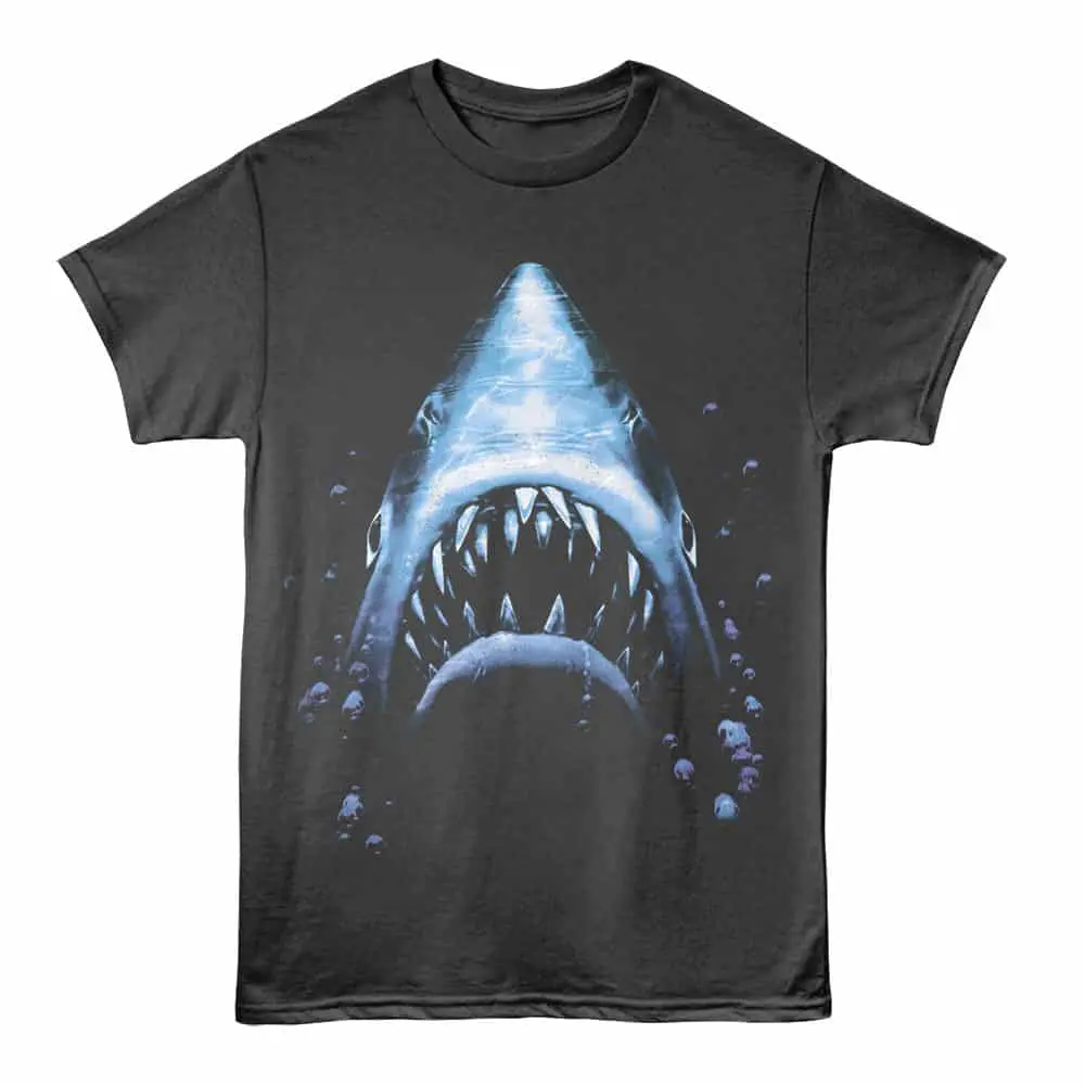 Dark T-shirt with a fierce, detailed shark illustration swimming underwater.