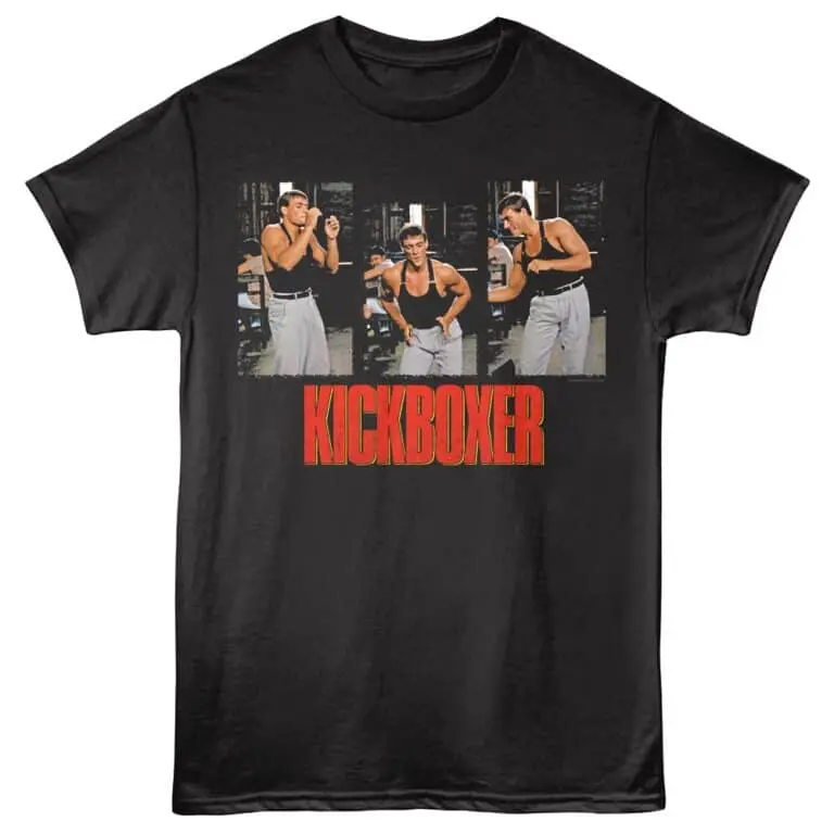 Image of a vintage Kickboxer movie quote graphic with three fighters in action poses.