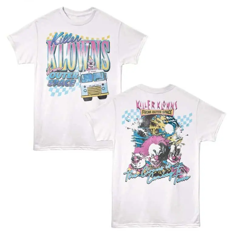 Vivid killer clown graphic tee, outer space theme, fun horror design, unique streetwear.