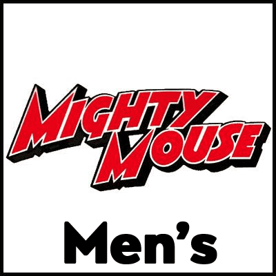Bold Mighty Mouse logo men's T-shirt for fans of classic superhero cartoons.