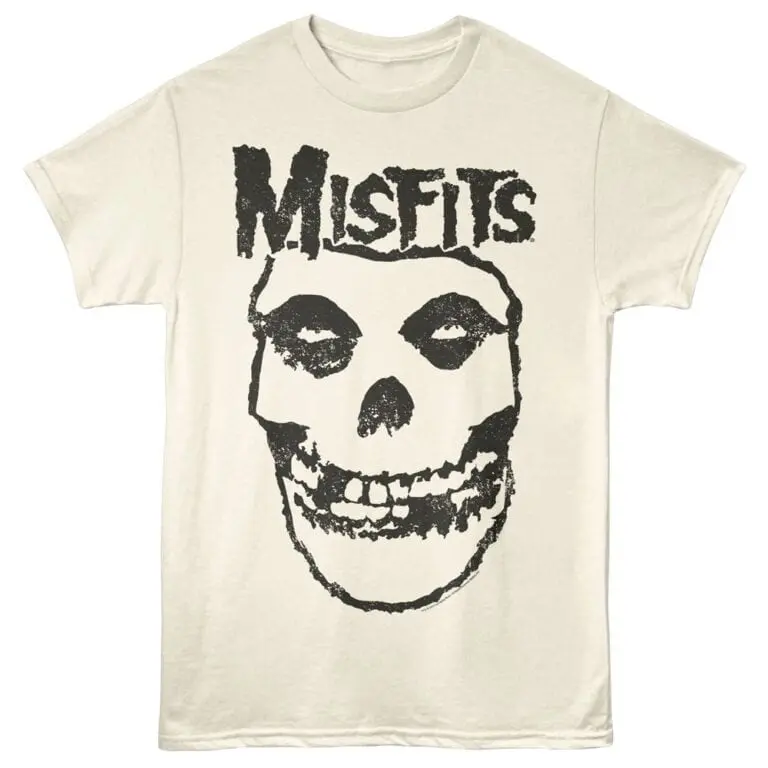 Skull graphic tee featuring the Misfits band logo for rock music fans.