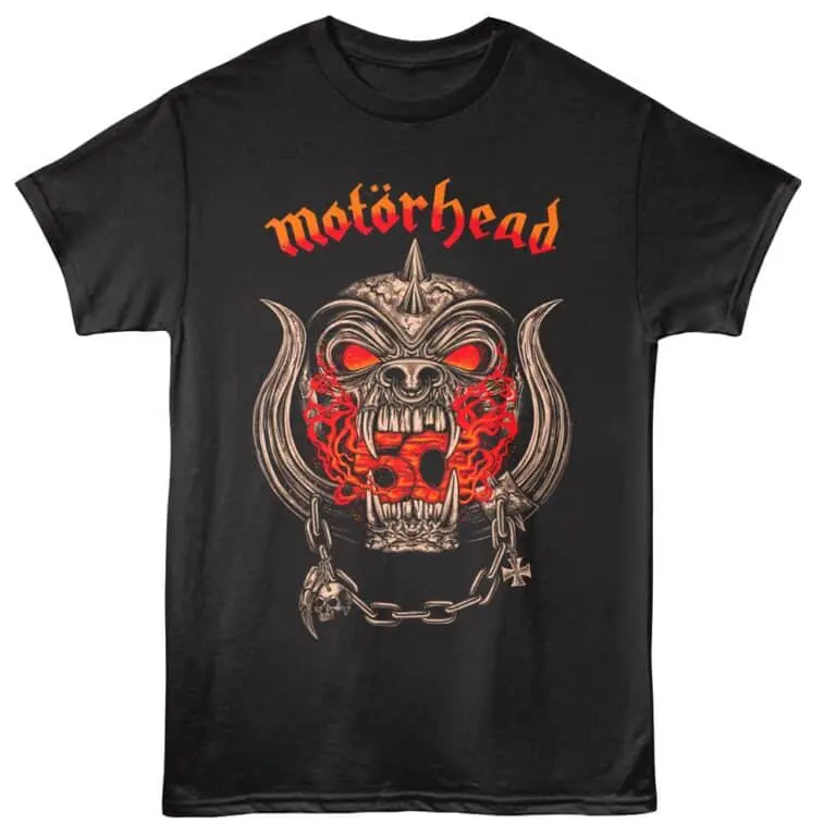 Gothic heavy metal band Motörhead inspired graphic T-shirt with skull, chains, and fiery details.