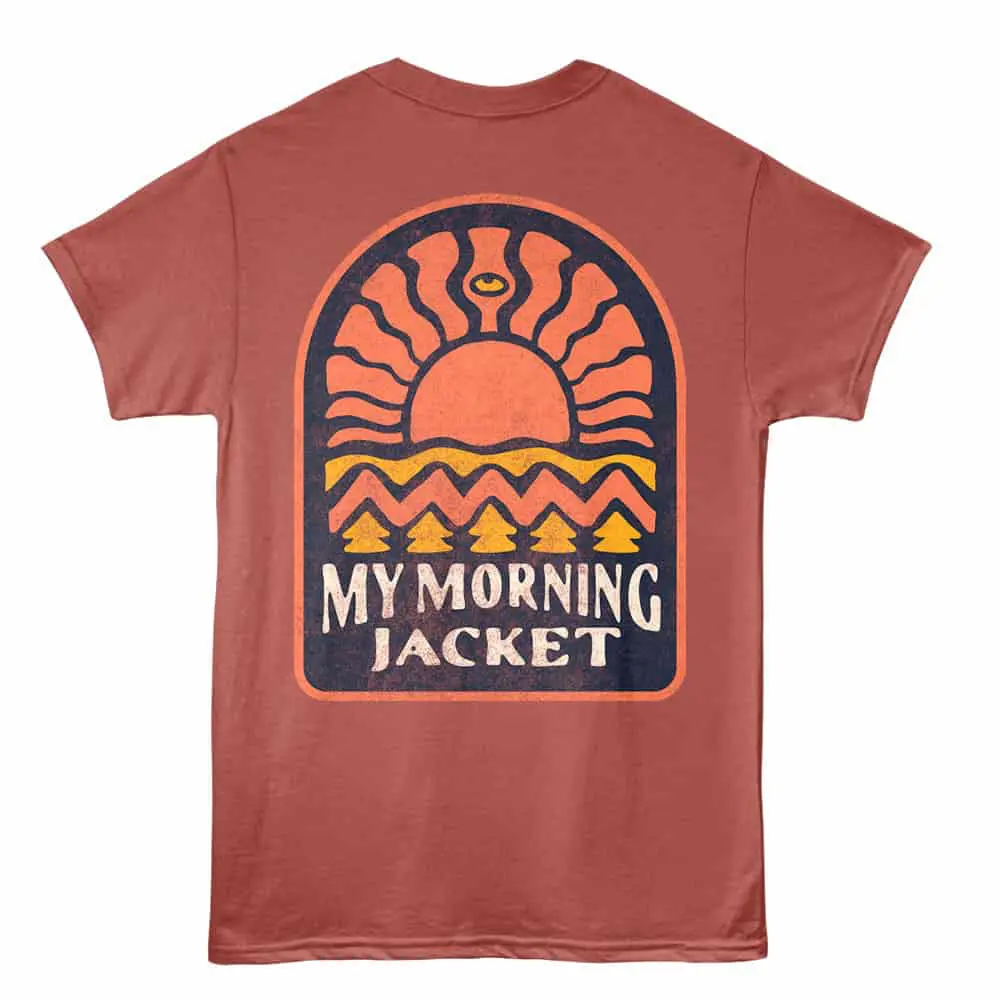 Sunrise graphic t-shirt with warm sunset colors, "My Morning Jacket" slogan, perfect for music lovers & casual fashion.