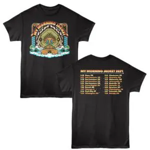 Colorful graphic T-shirt featuring "My Morning Jacket" tour dates and vibrant artwork for music enthusiasts.