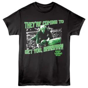 Night of the Living Dead themed zombie graphic tee with horror film quote.