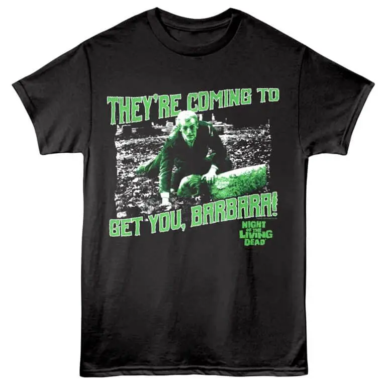Night of the Living Dead themed zombie graphic tee with horror film quote.
