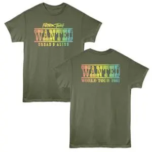 Colorful Peter Tosh "Wanted" graphic T-shirt celebrating reggae music legends, inspired by 1981 world tour memorabilia.
