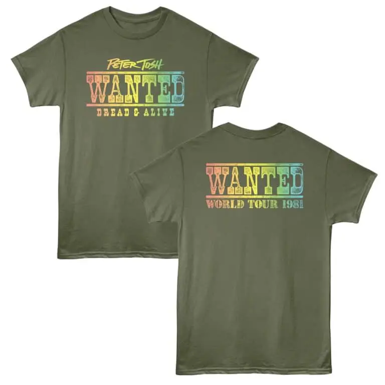 Colorful Peter Tosh "Wanted" graphic T-shirt celebrating reggae music legends, inspired by 1981 world tour memorabilia.