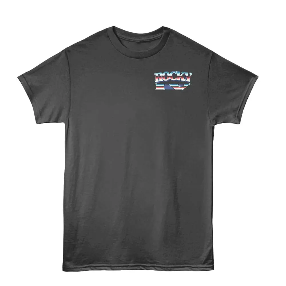 Retro Rocky logo T-shirt with vibrant colors. A must-have for movie enthusiasts and those who love nostalgic, trendy apparel.