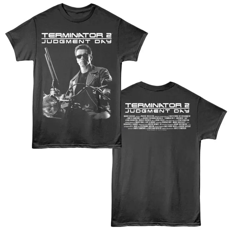 Black T-shirt featuring Terminator 2 Judgment Day graphic print.