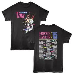 Vintage tour T-shirt featuring Tina Turner from the Private Dancer 1985 tour, with cities listed on the back.