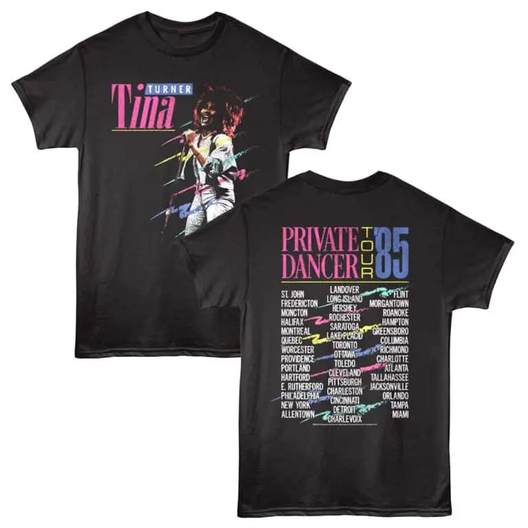 Vintage tour T-shirt featuring Tina Turner from the Private Dancer 1985 tour, with cities listed on the back.