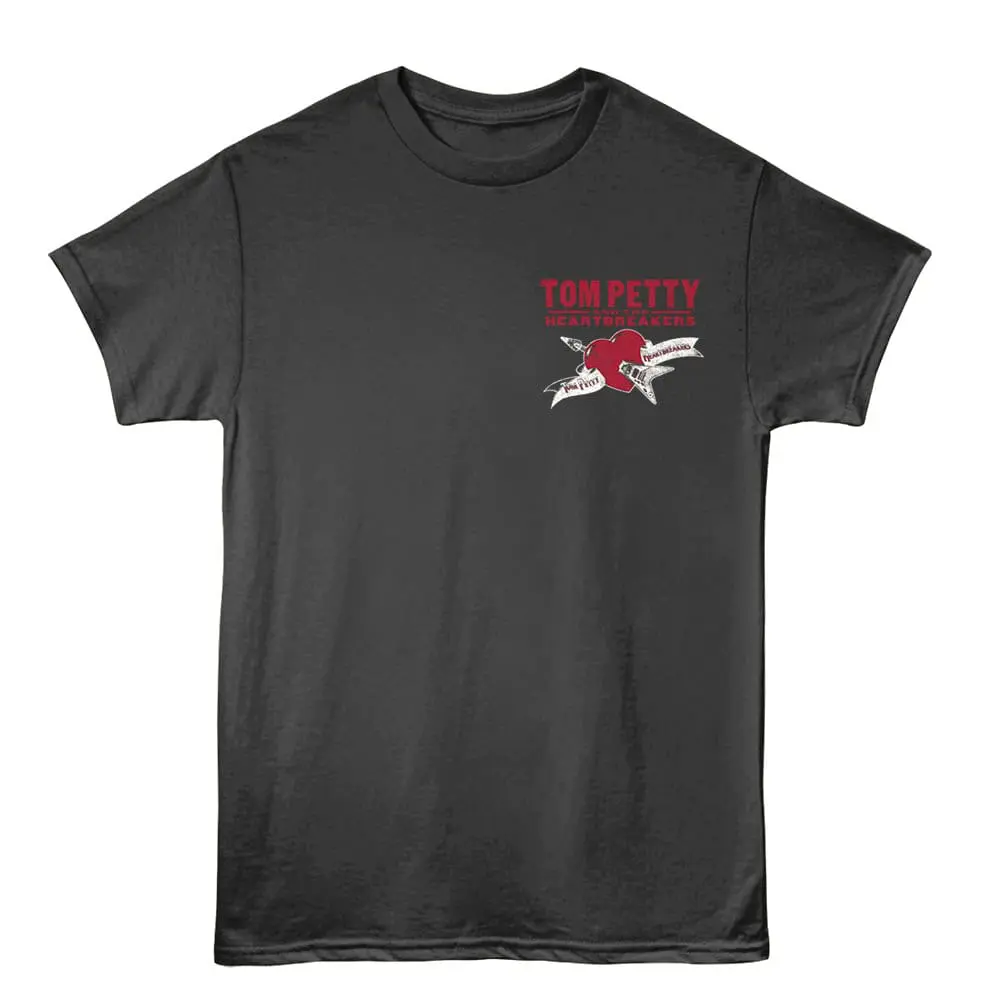 Alt text: Black T-shirt featuring Tom Petty Heartbreakers band logo with heart and guitar design.