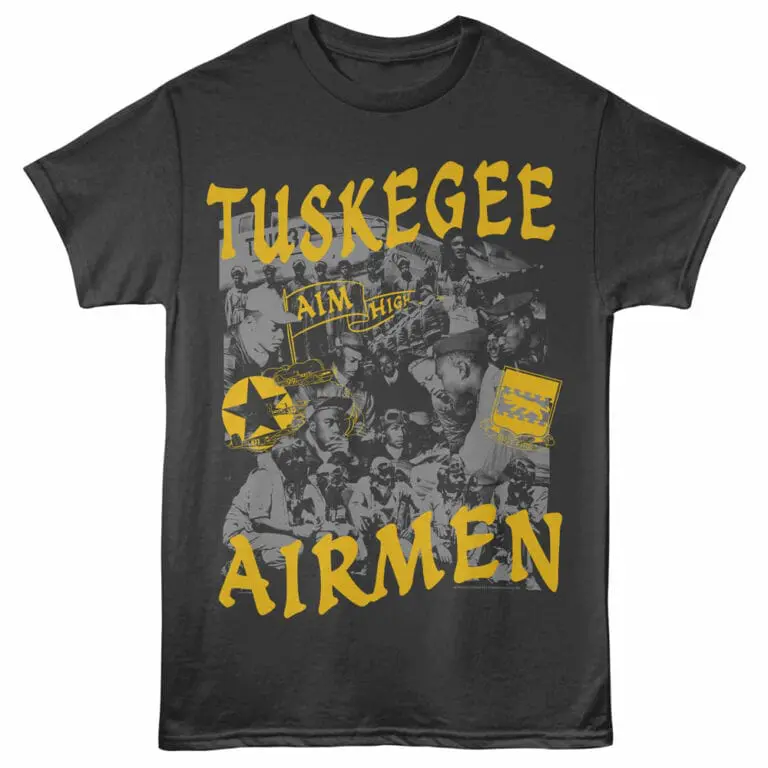 Vintage Tuskegee Airmen graphic T-shirt celebrating WWII African American military pilots and history.